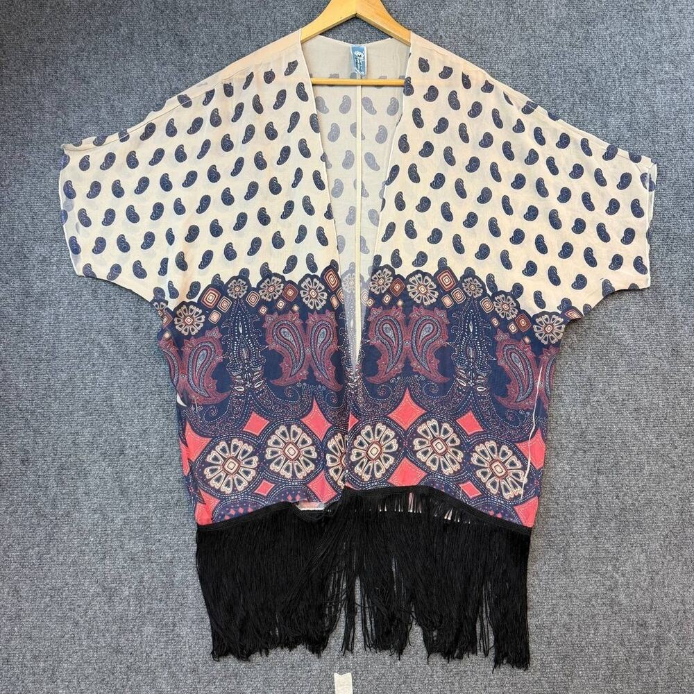 M. Fasis California Blue Fringe Paisley Sheer Shawl Kimono L